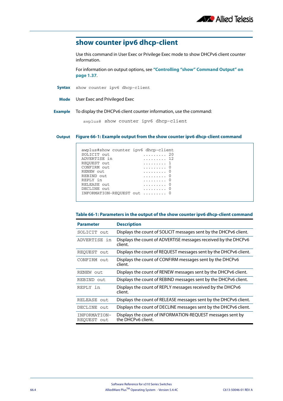 Show counter ipv6 dhcp-client | Allied Telesis AlliedWare Plus Operating System Version 5.4.4C (x310-26FT,x310-26FP,x310-50FT,x310-50FP) User Manual | Page 1756 / 2220