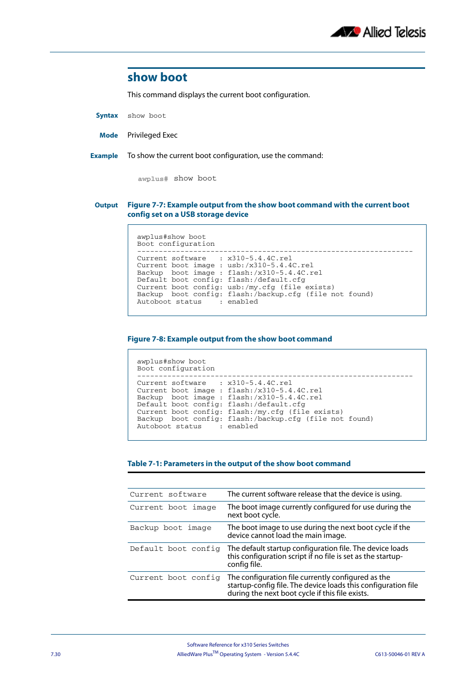 Show boot | Allied Telesis AlliedWare Plus Operating System Version 5.4.4C (x310-26FT,x310-26FP,x310-50FT,x310-50FP) User Manual | Page 176 / 2220