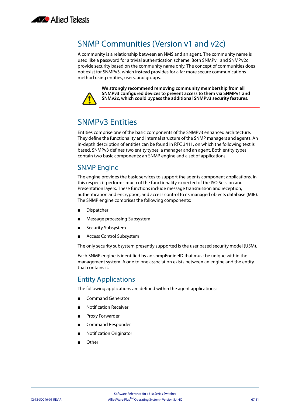 Snmp communities (version v1 and v2c), Snmpv3 entities, Snmp engine | Entity applications | Allied Telesis AlliedWare Plus Operating System Version 5.4.4C (x310-26FT,x310-26FP,x310-50FT,x310-50FP) User Manual | Page 1769 / 2220