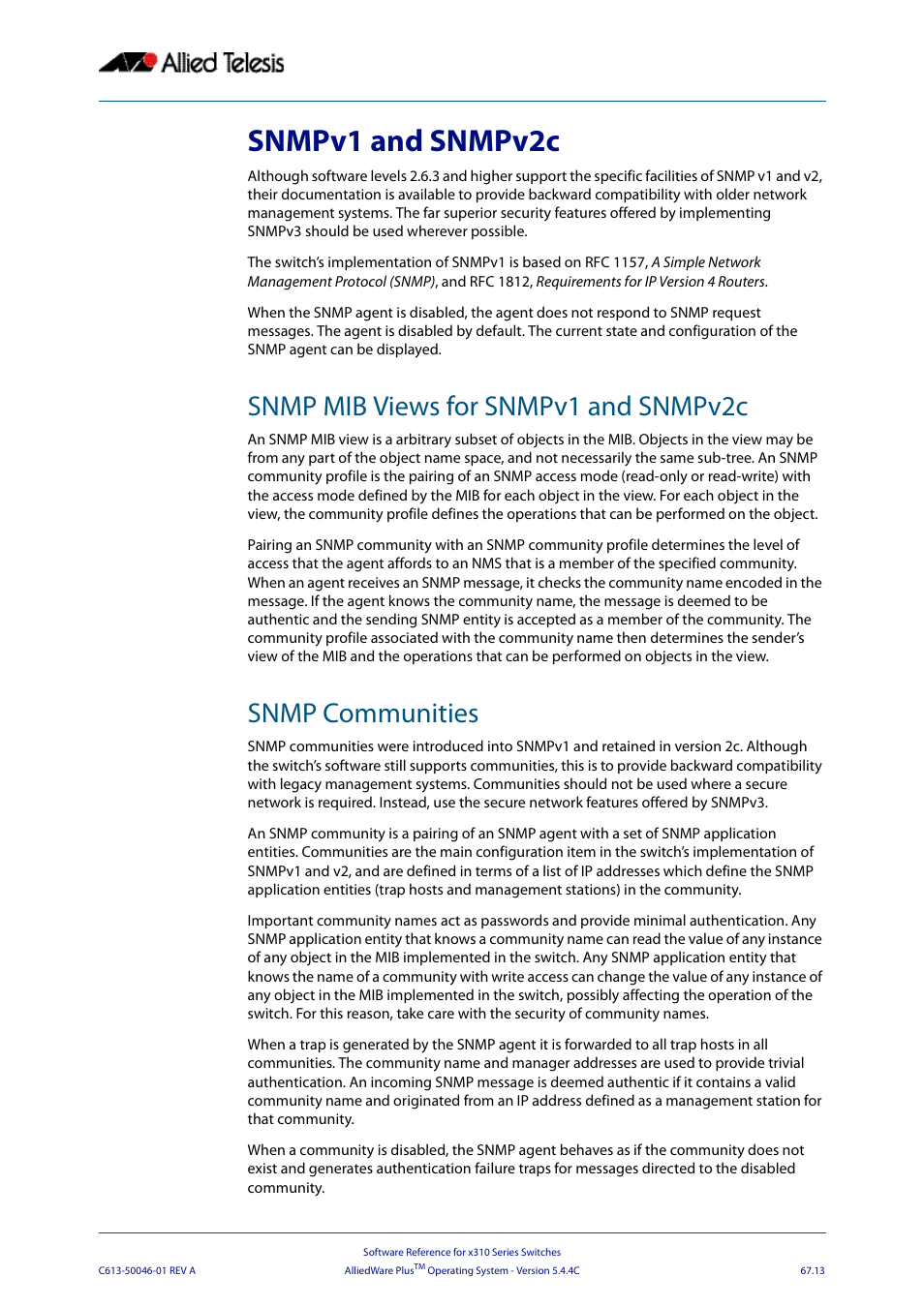 Snmpv1 and snmpv2c, Snmp mib views for snmpv1 and snmpv2c, Snmp communities | Allied Telesis AlliedWare Plus Operating System Version 5.4.4C (x310-26FT,x310-26FP,x310-50FT,x310-50FP) User Manual | Page 1771 / 2220