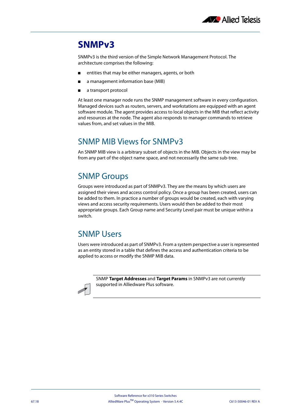 Snmpv3, Snmp mib views for snmpv3, Snmp groups | Snmp users, Snmp mib views for snmpv3 snmp groups snmp users | Allied Telesis AlliedWare Plus Operating System Version 5.4.4C (x310-26FT,x310-26FP,x310-50FT,x310-50FP) User Manual | Page 1776 / 2220