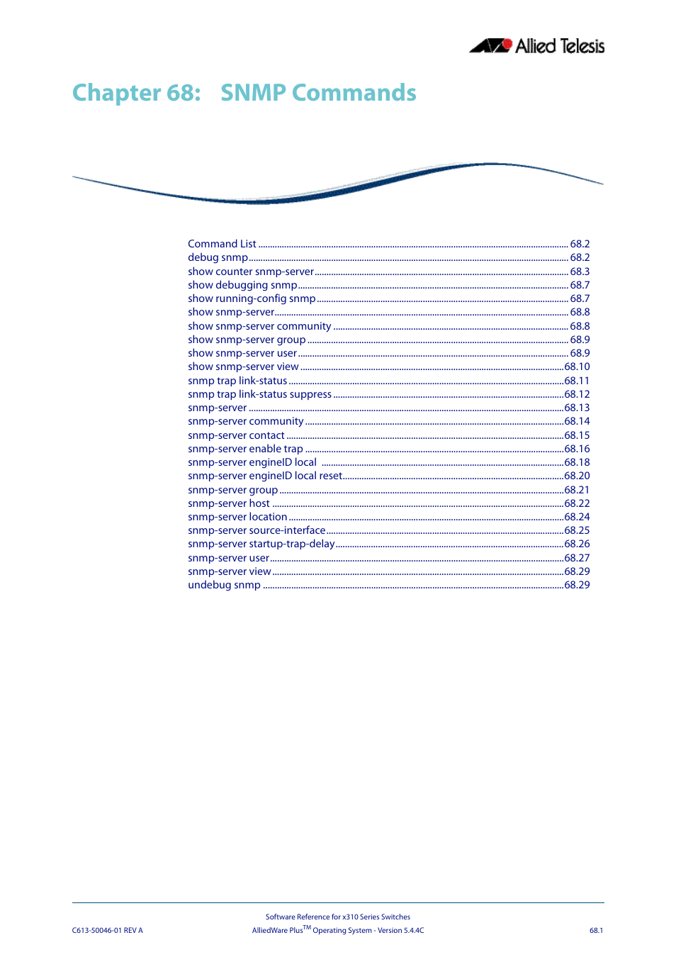 Chapter 68: snmp commands, Chapter 68, Snmp commands | Chapter 68, snmp commands, Chapter 68, snmp, Commands, Chapter 68 snmp commands | Allied Telesis AlliedWare Plus Operating System Version 5.4.4C (x310-26FT,x310-26FP,x310-50FT,x310-50FP) User Manual | Page 1783 / 2220