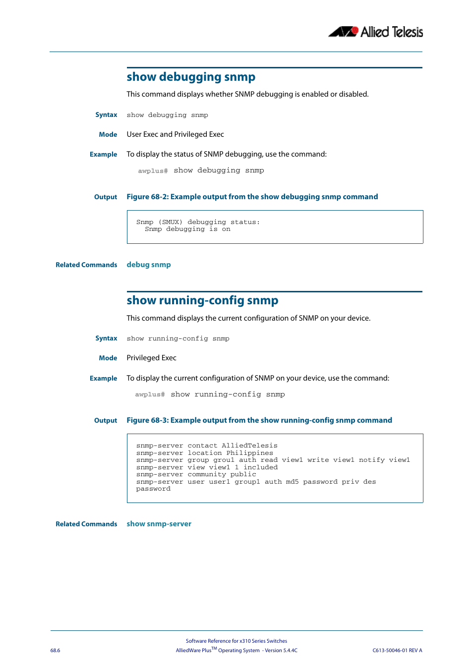 Show debugging snmp, Show running-config snmp, Show debugging snmp show running-config snmp | Allied Telesis AlliedWare Plus Operating System Version 5.4.4C (x310-26FT,x310-26FP,x310-50FT,x310-50FP) User Manual | Page 1788 / 2220