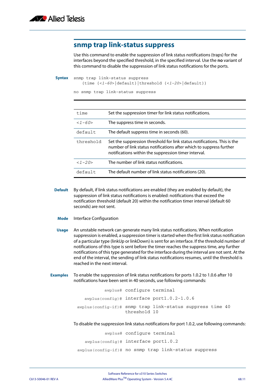 Snmp trap link-status suppress | Allied Telesis AlliedWare Plus Operating System Version 5.4.4C (x310-26FT,x310-26FP,x310-50FT,x310-50FP) User Manual | Page 1793 / 2220