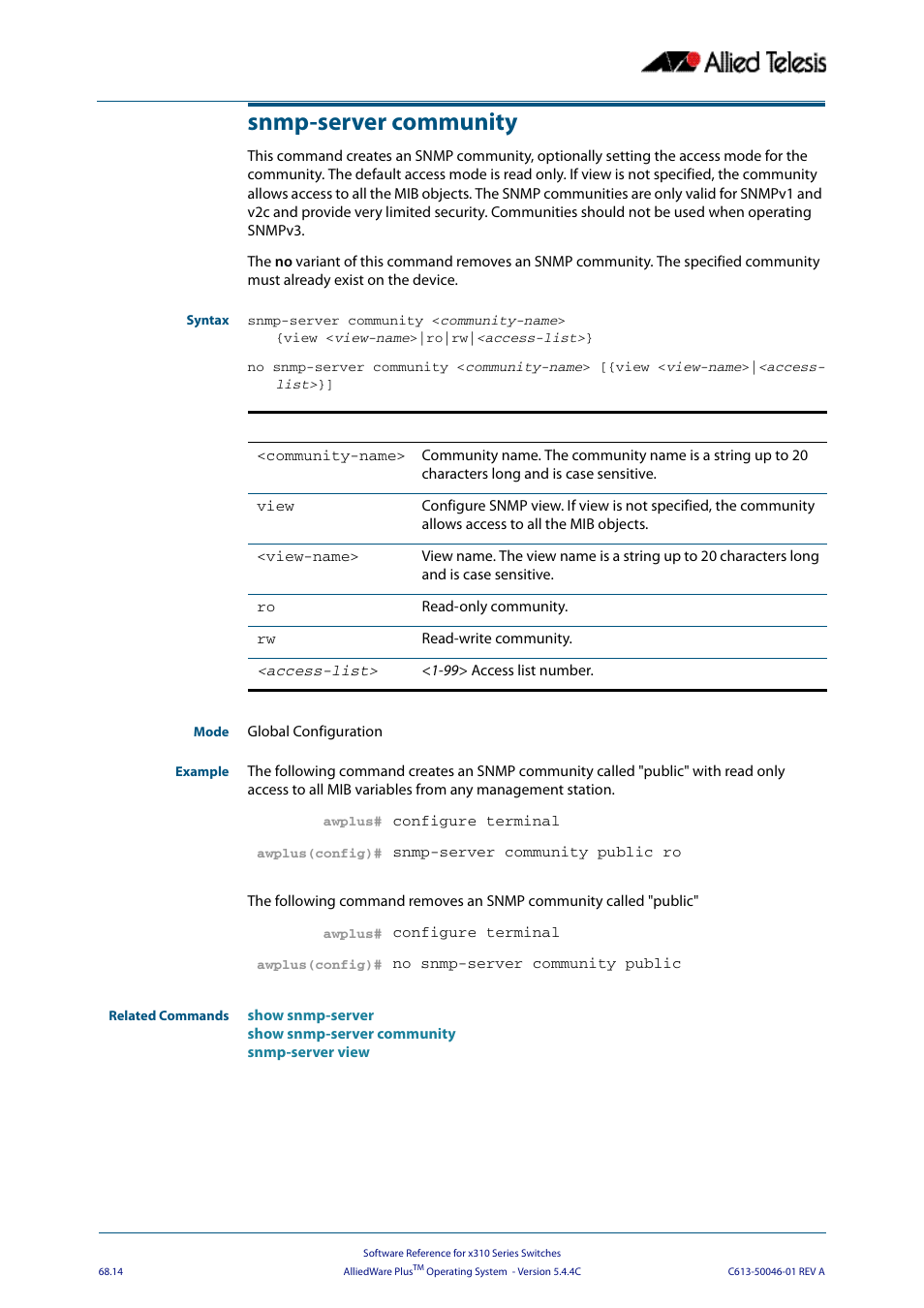 Snmp-server community | Allied Telesis AlliedWare Plus Operating System Version 5.4.4C (x310-26FT,x310-26FP,x310-50FT,x310-50FP) User Manual | Page 1796 / 2220