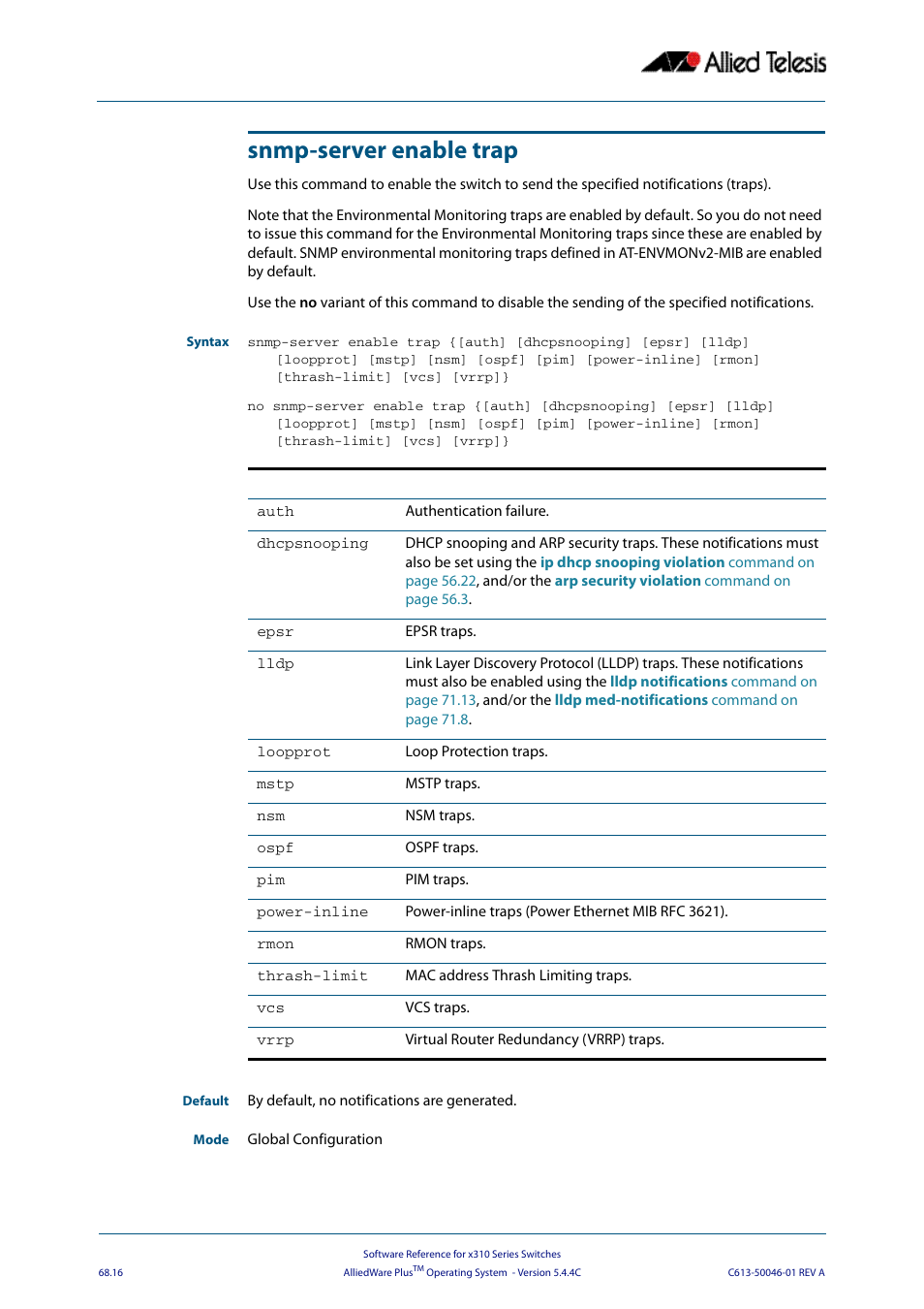 Snmp-server enable trap, Snmp-server enable trap powe, Snmp-server enable | Trap, Snmp-server enable trap command on, Dhcps, Snmp-server | Allied Telesis AlliedWare Plus Operating System Version 5.4.4C (x310-26FT,x310-26FP,x310-50FT,x310-50FP) User Manual | Page 1798 / 2220
