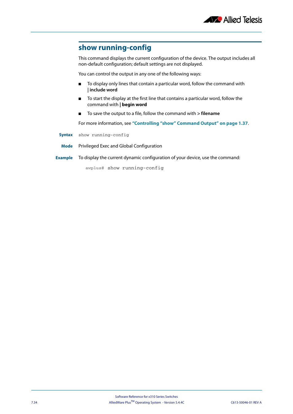 Show running-config | Allied Telesis AlliedWare Plus Operating System Version 5.4.4C (x310-26FT,x310-26FP,x310-50FT,x310-50FP) User Manual | Page 180 / 2220