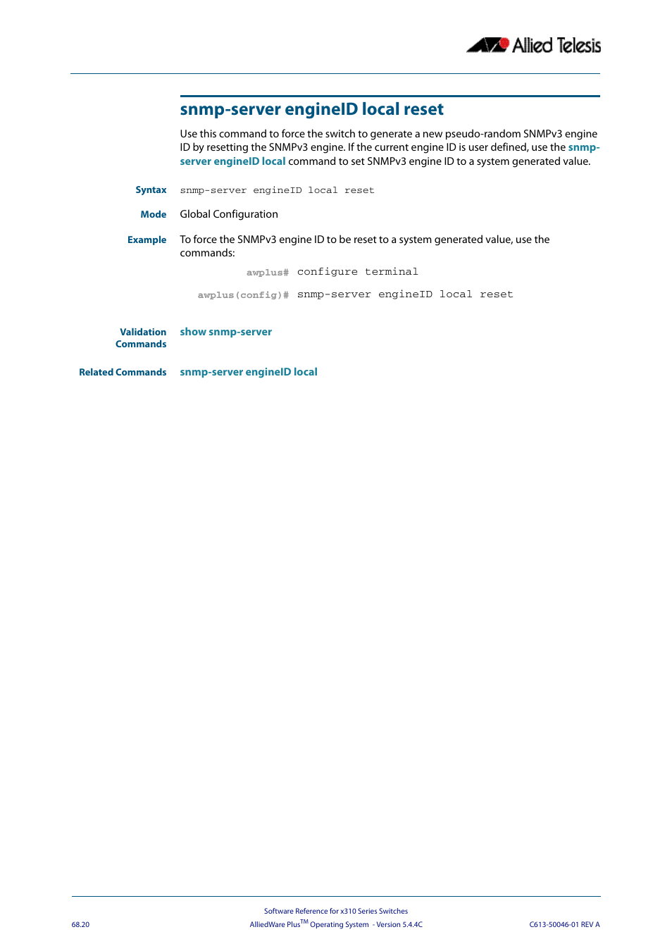 Snmp-server engineid local reset, Snmp-server, Engineid local reset | Command to f | Allied Telesis AlliedWare Plus Operating System Version 5.4.4C (x310-26FT,x310-26FP,x310-50FT,x310-50FP) User Manual | Page 1802 / 2220