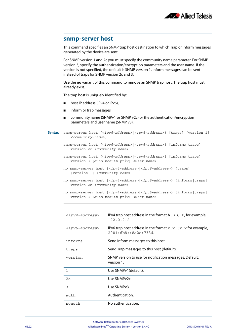 Snmp-server host | Allied Telesis AlliedWare Plus Operating System Version 5.4.4C (x310-26FT,x310-26FP,x310-50FT,x310-50FP) User Manual | Page 1804 / 2220