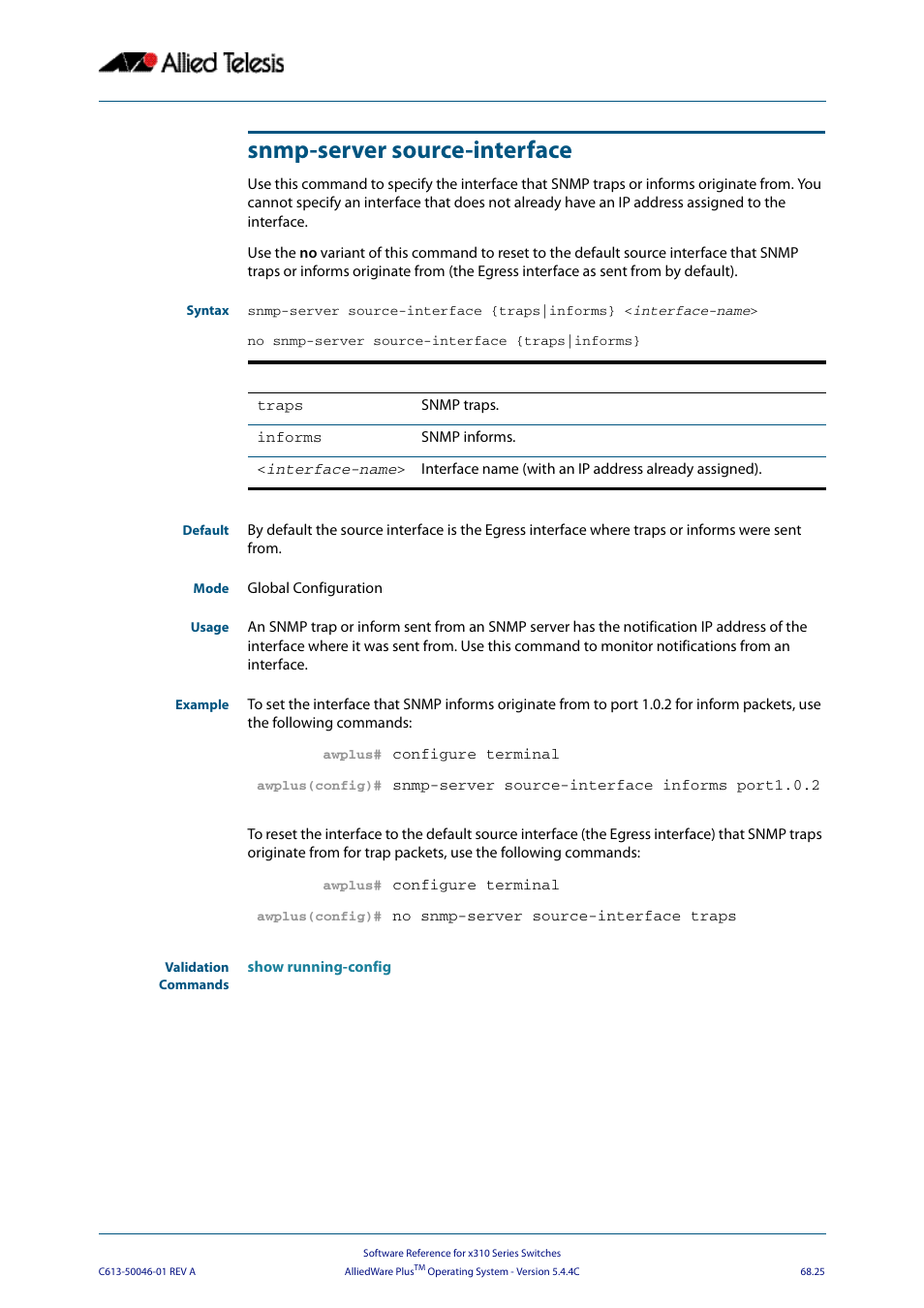 Snmp-server source-interface | Allied Telesis AlliedWare Plus Operating System Version 5.4.4C (x310-26FT,x310-26FP,x310-50FT,x310-50FP) User Manual | Page 1807 / 2220