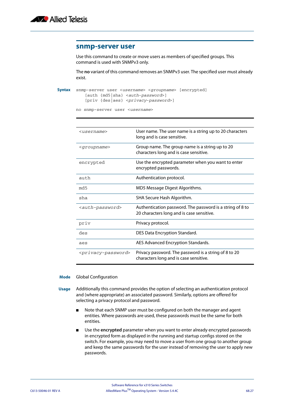 Snmp-server user | Allied Telesis AlliedWare Plus Operating System Version 5.4.4C (x310-26FT,x310-26FP,x310-50FT,x310-50FP) User Manual | Page 1809 / 2220