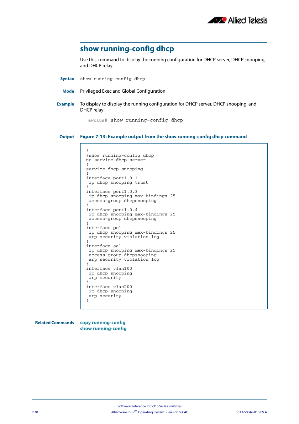 Show running-config dhcp | Allied Telesis AlliedWare Plus Operating System Version 5.4.4C (x310-26FT,x310-26FP,x310-50FT,x310-50FP) User Manual | Page 184 / 2220