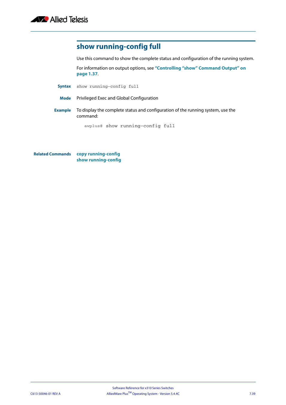 Show running-config full | Allied Telesis AlliedWare Plus Operating System Version 5.4.4C (x310-26FT,x310-26FP,x310-50FT,x310-50FP) User Manual | Page 185 / 2220