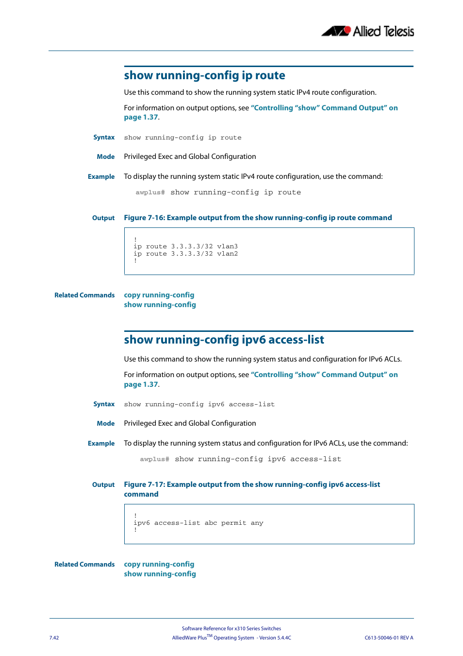 Show running-config ip route, Show running-config ipv6 access-list | Allied Telesis AlliedWare Plus Operating System Version 5.4.4C (x310-26FT,x310-26FP,x310-50FT,x310-50FP) User Manual | Page 188 / 2220