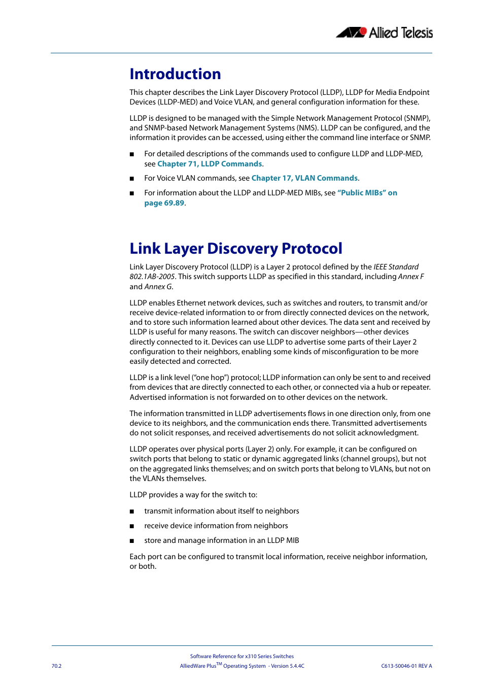 Introduction, Link layer discovery protocol, Introduction link layer discovery protocol | Allied Telesis AlliedWare Plus Operating System Version 5.4.4C (x310-26FT,x310-26FP,x310-50FT,x310-50FP) User Manual | Page 1906 / 2220