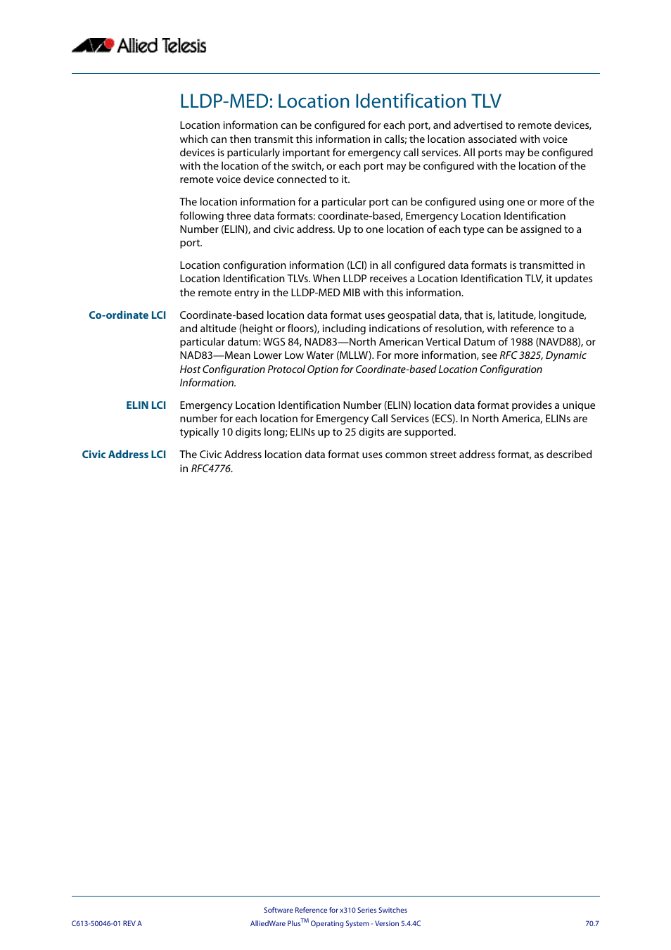 Lldp-med: location identification tlv | Allied Telesis AlliedWare Plus Operating System Version 5.4.4C (x310-26FT,x310-26FP,x310-50FT,x310-50FP) User Manual | Page 1911 / 2220