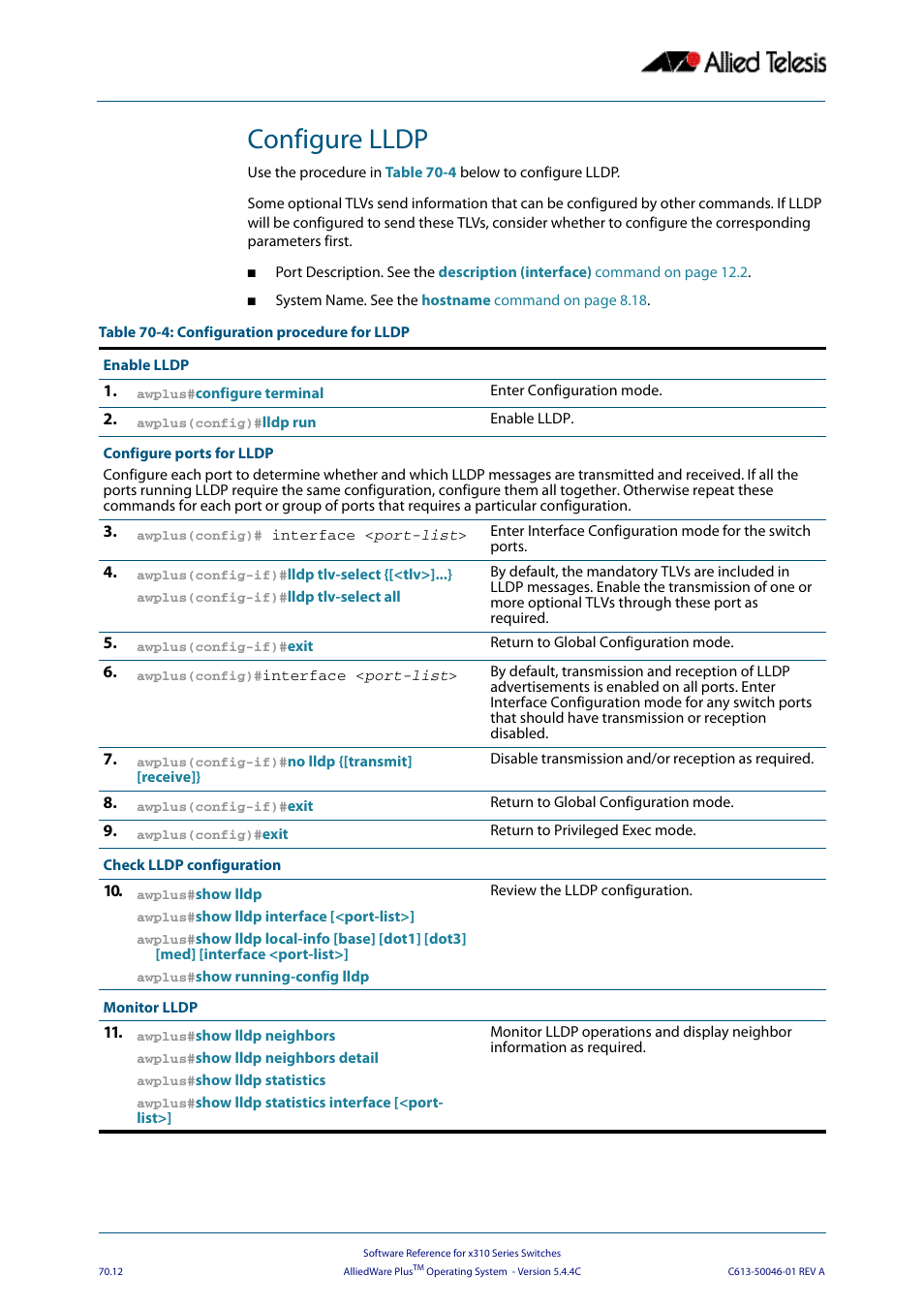 Configure lldp | Allied Telesis AlliedWare Plus Operating System Version 5.4.4C (x310-26FT,x310-26FP,x310-50FT,x310-50FP) User Manual | Page 1916 / 2220