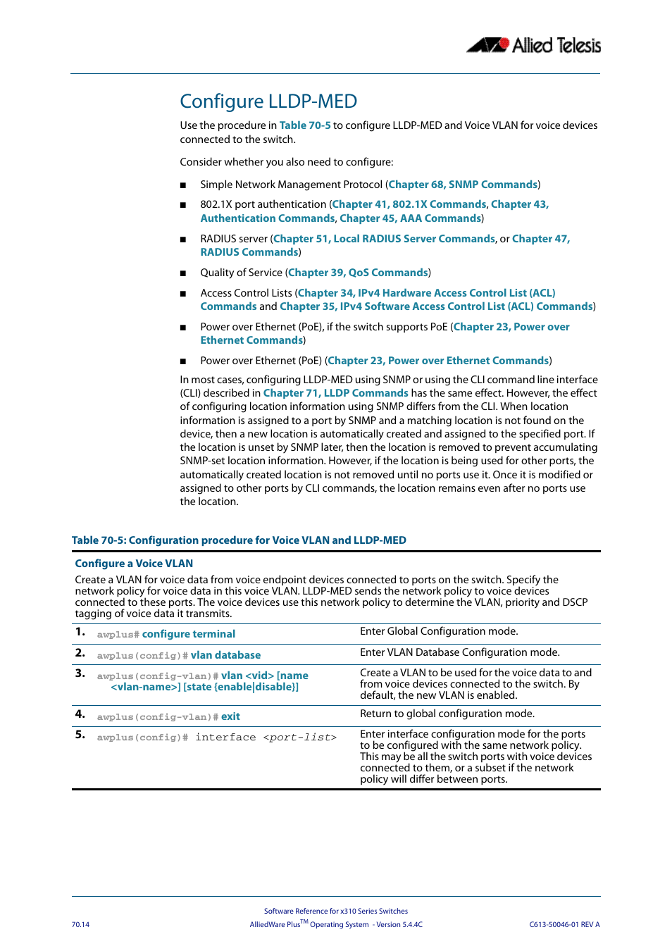 Configure lldp-med | Allied Telesis AlliedWare Plus Operating System Version 5.4.4C (x310-26FT,x310-26FP,x310-50FT,x310-50FP) User Manual | Page 1918 / 2220