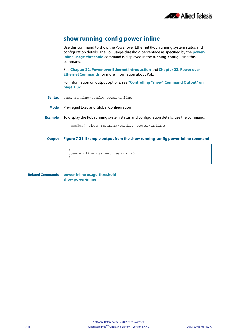 Show running-config power-inline | Allied Telesis AlliedWare Plus Operating System Version 5.4.4C (x310-26FT,x310-26FP,x310-50FT,x310-50FP) User Manual | Page 192 / 2220