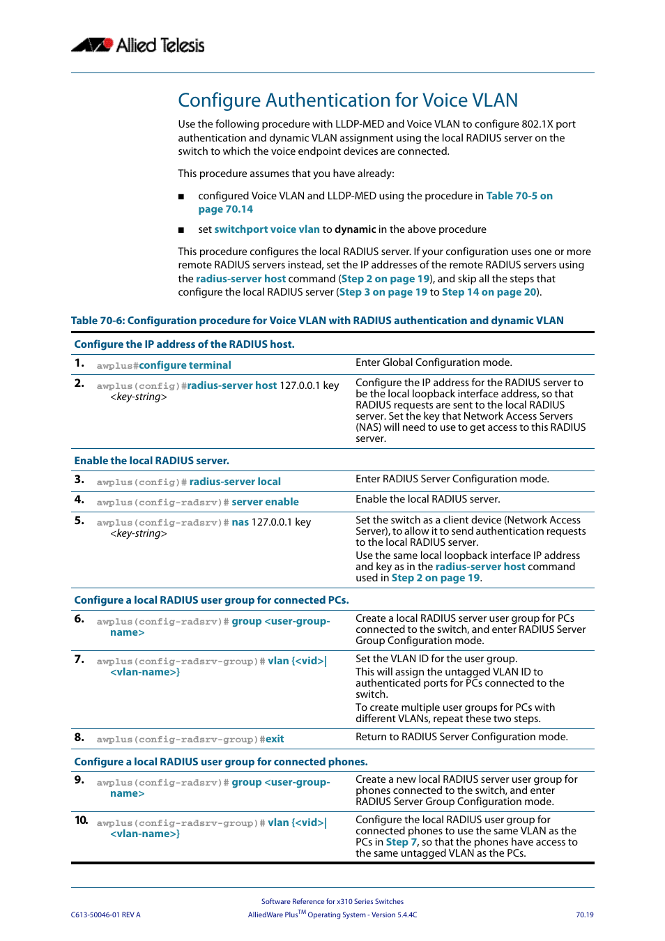 Configure authentication for voice vlan | Allied Telesis AlliedWare Plus Operating System Version 5.4.4C (x310-26FT,x310-26FP,x310-50FT,x310-50FP) User Manual | Page 1923 / 2220