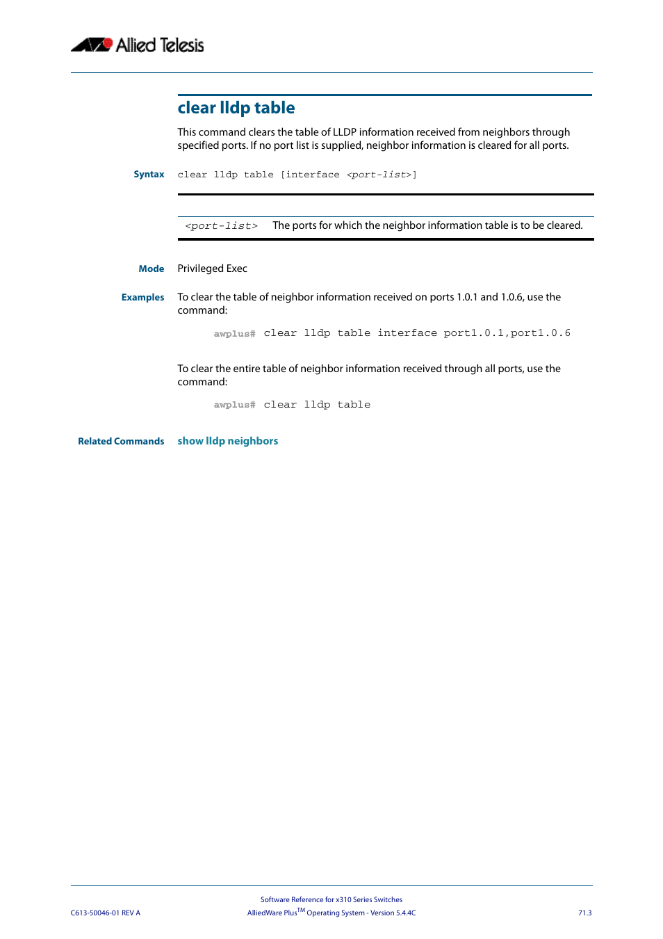 Clear lldp table, Clear lldp table [interface <port-list | Allied Telesis AlliedWare Plus Operating System Version 5.4.4C (x310-26FT,x310-26FP,x310-50FT,x310-50FP) User Manual | Page 1929 / 2220