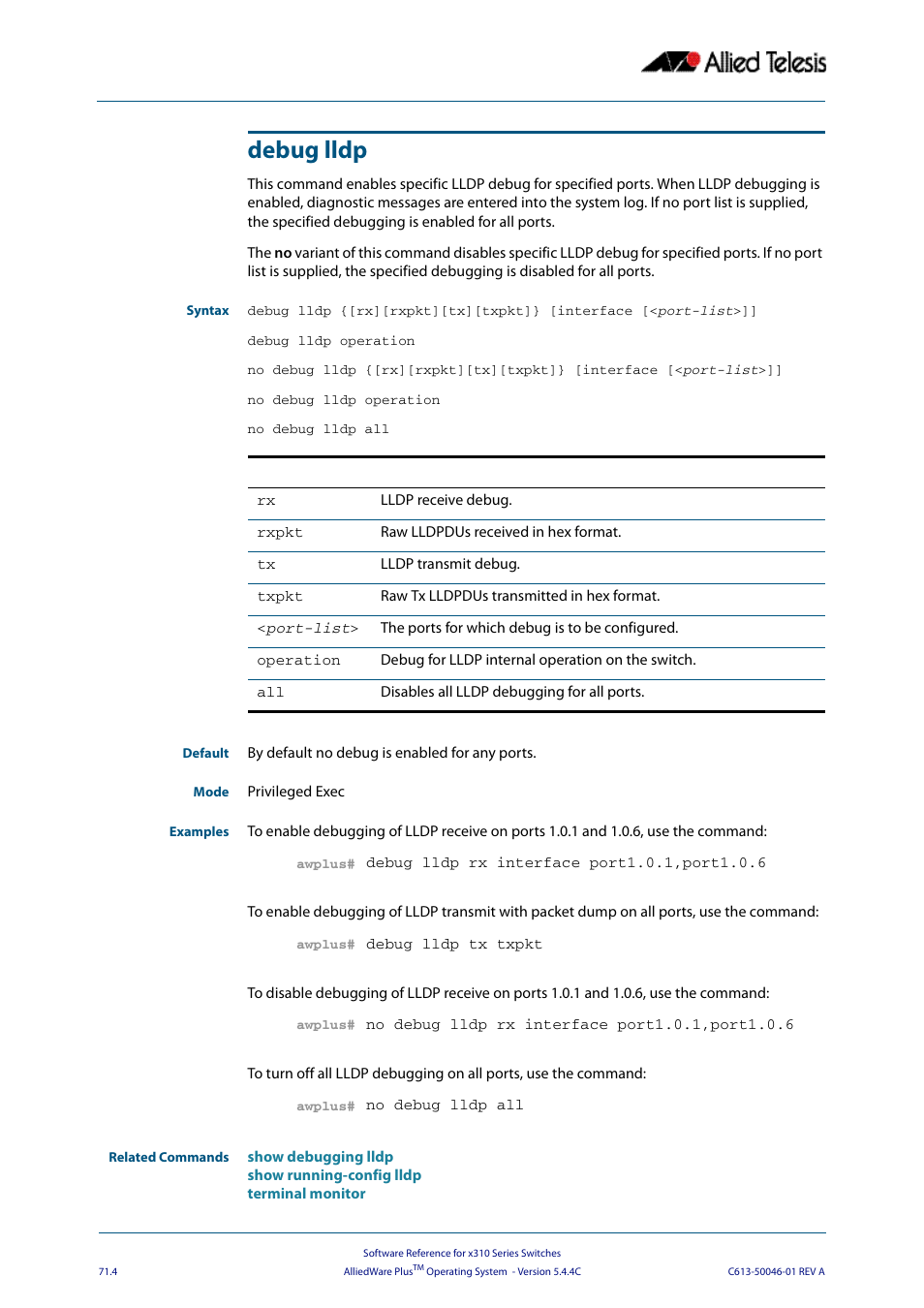 Debug lldp | Allied Telesis AlliedWare Plus Operating System Version 5.4.4C (x310-26FT,x310-26FP,x310-50FT,x310-50FP) User Manual | Page 1930 / 2220