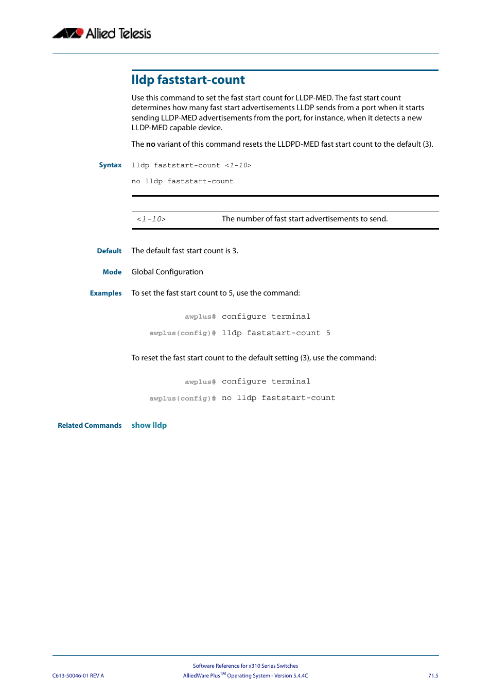 Lldp faststart-count, Lldp faststart-count <1-10 | Allied Telesis AlliedWare Plus Operating System Version 5.4.4C (x310-26FT,x310-26FP,x310-50FT,x310-50FP) User Manual | Page 1931 / 2220
