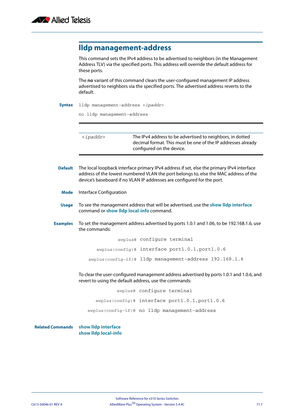 Lldp management-address, Ipaddr | Allied Telesis AlliedWare Plus Operating System Version 5.4.4C (x310-26FT,x310-26FP,x310-50FT,x310-50FP) User Manual | Page 1933 / 2220
