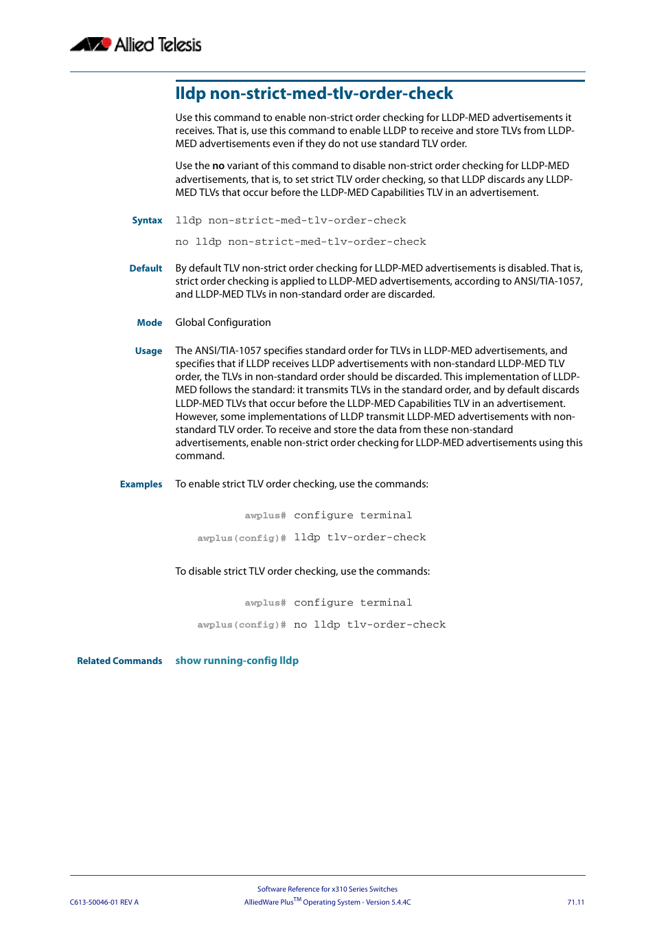Lldp non-strict-med-tlv-order-check, Lldp non-strict-med-tlv-order, Check | Allied Telesis AlliedWare Plus Operating System Version 5.4.4C (x310-26FT,x310-26FP,x310-50FT,x310-50FP) User Manual | Page 1937 / 2220