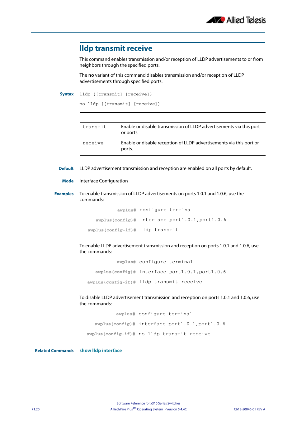 Lldp transmit receive, No lldp {[transmit, Receive | No lldp {[transmit] [receive | Allied Telesis AlliedWare Plus Operating System Version 5.4.4C (x310-26FT,x310-26FP,x310-50FT,x310-50FP) User Manual | Page 1946 / 2220