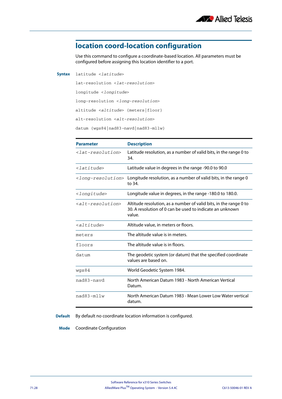 Location coord-location configuration, Latitude <latitude, Lat-resolution | Longitude <longitude, Long-resolution, Altitude <altitude, Meters|floor, Alt-resolution, Datum {wgs84, Nad83-navd|nad83-mllw | Allied Telesis AlliedWare Plus Operating System Version 5.4.4C (x310-26FT,x310-26FP,x310-50FT,x310-50FP) User Manual | Page 1954 / 2220