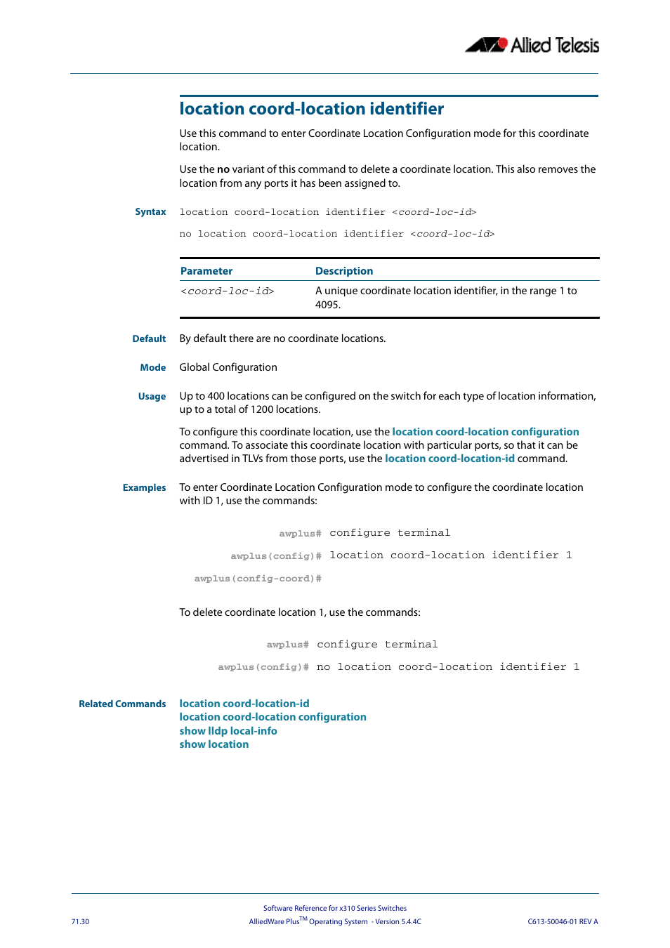 Location coord-location identifier, Location coord-location, Identifier <coord-loc-id | Allied Telesis AlliedWare Plus Operating System Version 5.4.4C (x310-26FT,x310-26FP,x310-50FT,x310-50FP) User Manual | Page 1956 / 2220