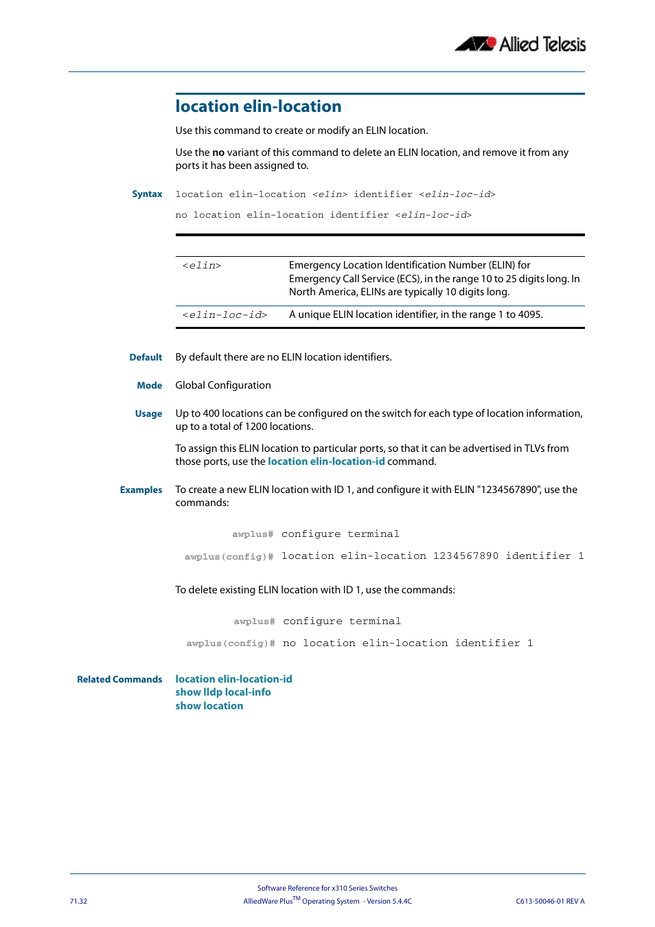 Location elin-location, Location elin-location <elin, Identifier <elin-loc-id | Allied Telesis AlliedWare Plus Operating System Version 5.4.4C (x310-26FT,x310-26FP,x310-50FT,x310-50FP) User Manual | Page 1958 / 2220