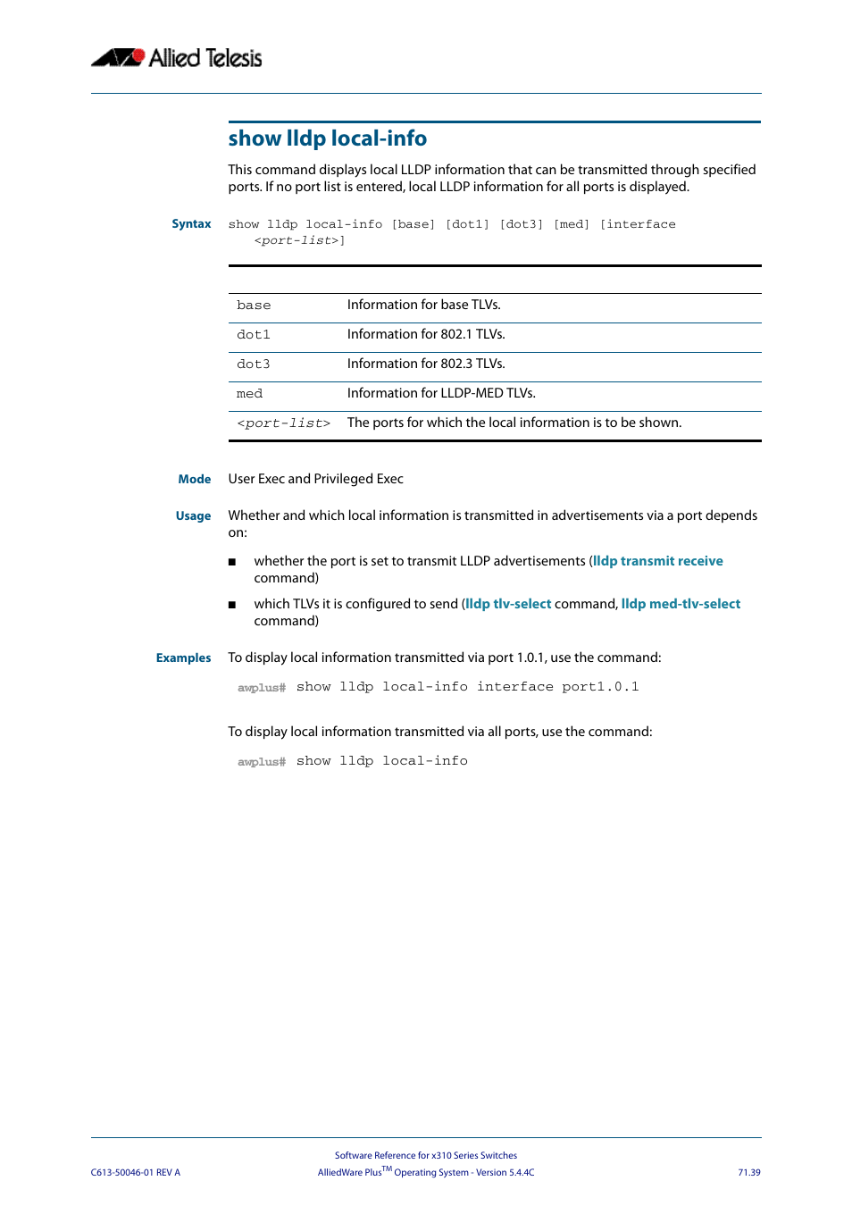 Show lldp local-info, Show lldp local-info [base] [dot1] [dot3, Med] [interface <port-list | Allied Telesis AlliedWare Plus Operating System Version 5.4.4C (x310-26FT,x310-26FP,x310-50FT,x310-50FP) User Manual | Page 1965 / 2220