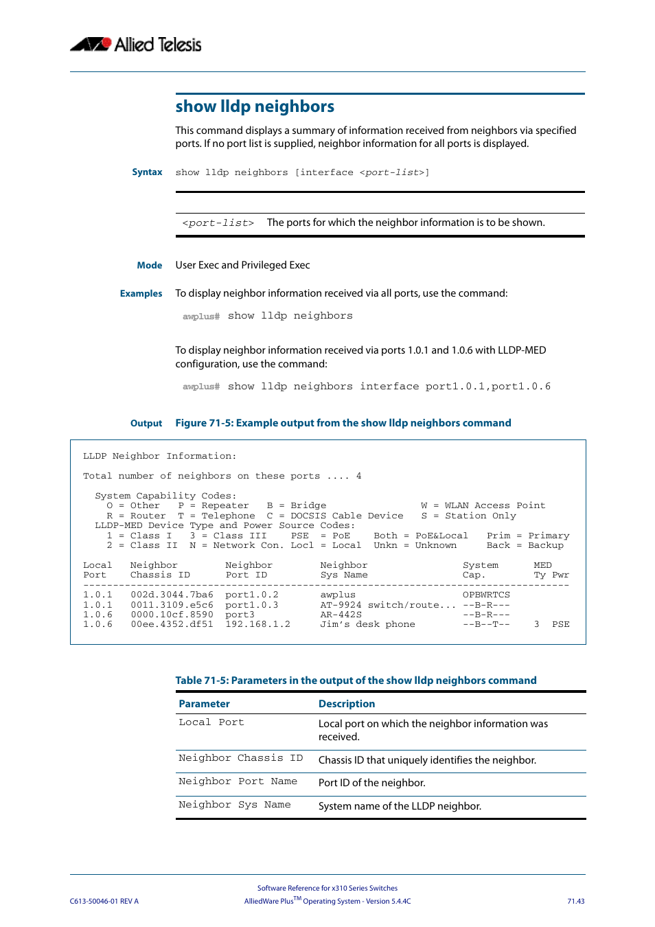 Show lldp neighbors, Show lldp neighbors [interface <port, List | Allied Telesis AlliedWare Plus Operating System Version 5.4.4C (x310-26FT,x310-26FP,x310-50FT,x310-50FP) User Manual | Page 1969 / 2220