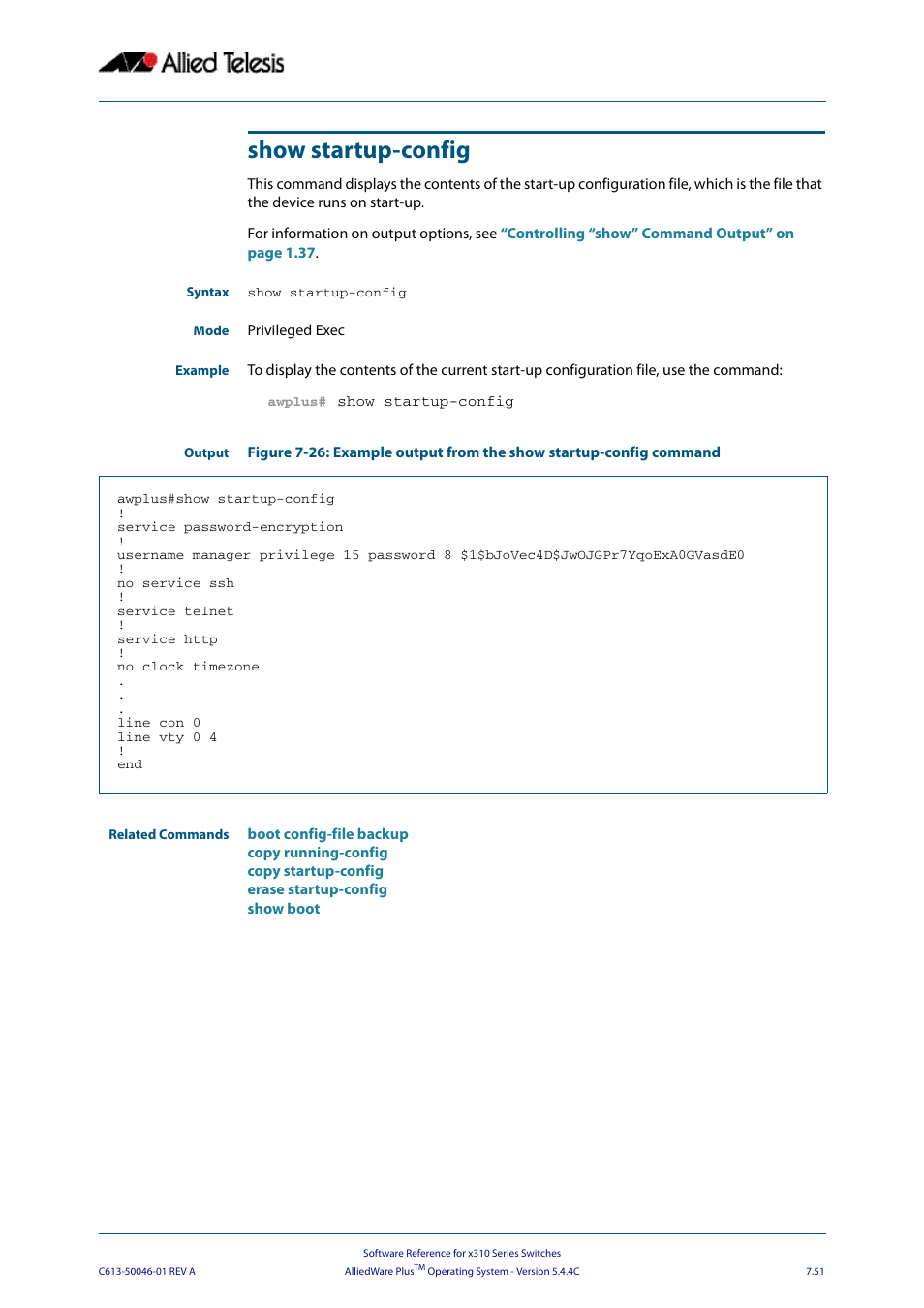 Show startup-config | Allied Telesis AlliedWare Plus Operating System Version 5.4.4C (x310-26FT,x310-26FP,x310-50FT,x310-50FP) User Manual | Page 197 / 2220