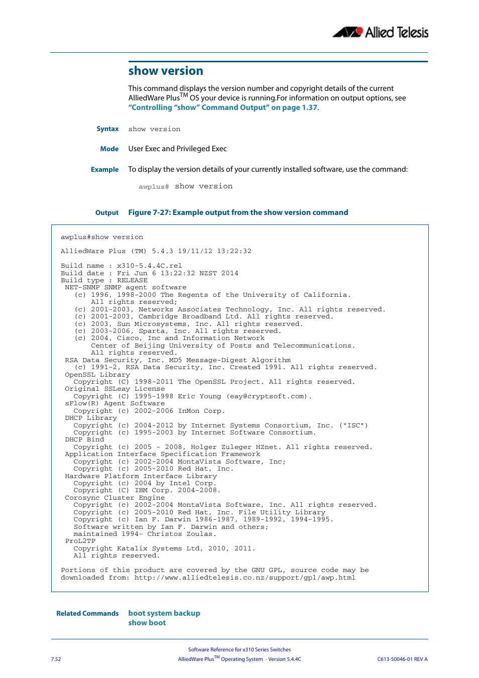 Show version | Allied Telesis AlliedWare Plus Operating System Version 5.4.4C (x310-26FT,x310-26FP,x310-50FT,x310-50FP) User Manual | Page 198 / 2220