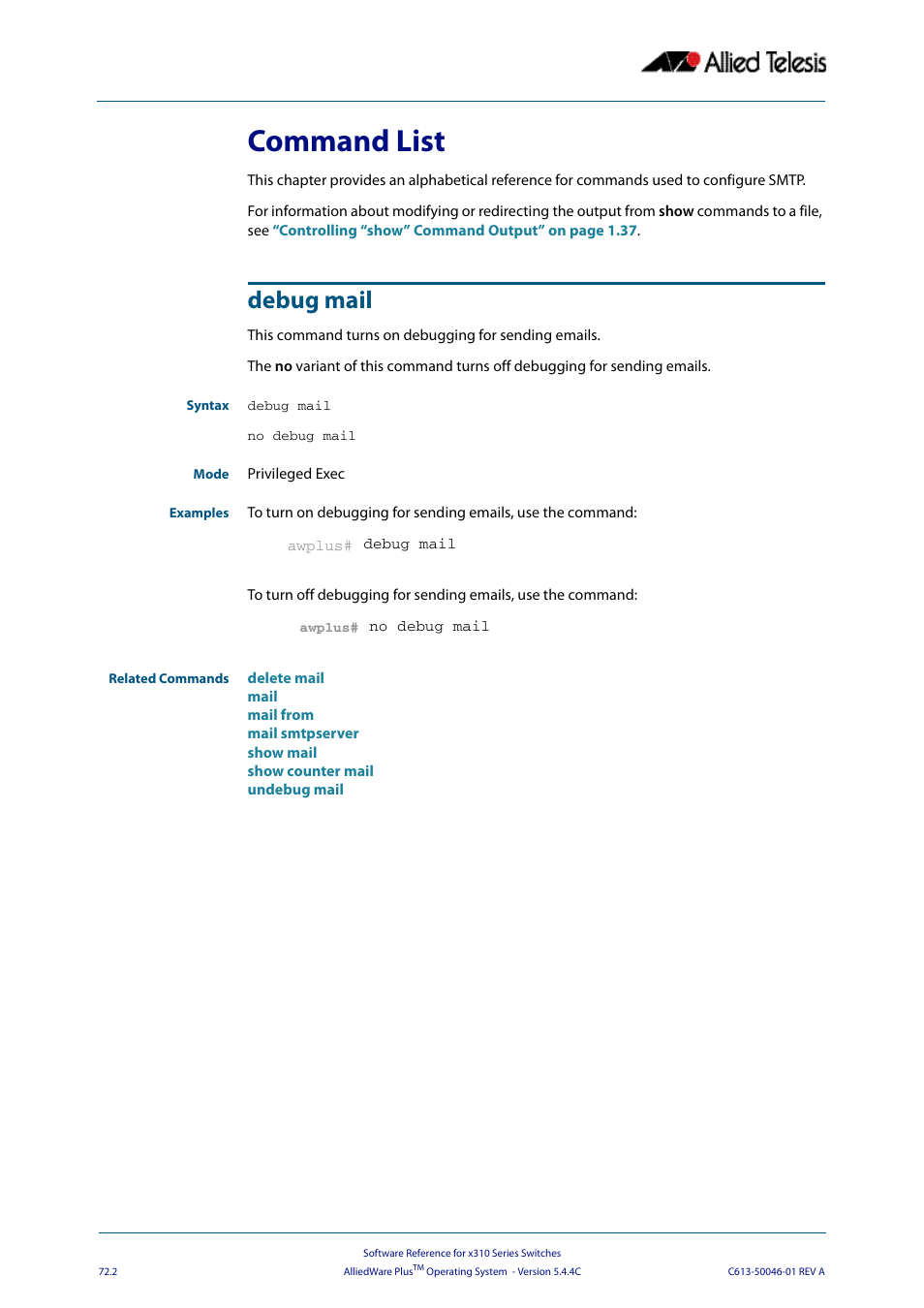 Command list, Debug mail, Command list debug mail | Allied Telesis AlliedWare Plus Operating System Version 5.4.4C (x310-26FT,x310-26FP,x310-50FT,x310-50FP) User Manual | Page 1980 / 2220