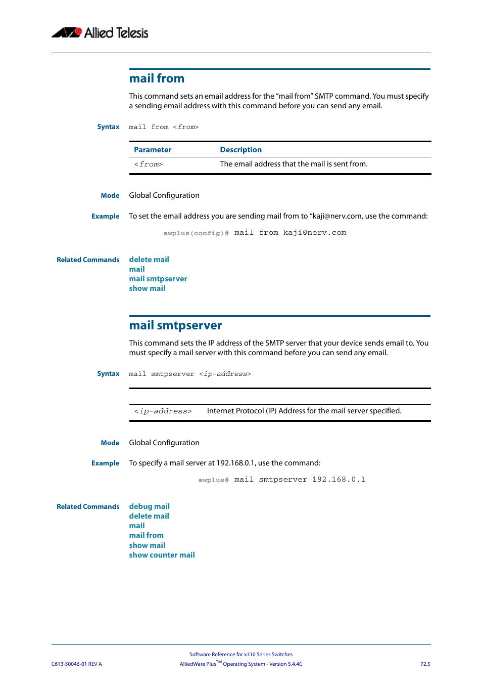 Mail from, Mail smtpserver, Mail from mail smtpserver | Allied Telesis AlliedWare Plus Operating System Version 5.4.4C (x310-26FT,x310-26FP,x310-50FT,x310-50FP) User Manual | Page 1983 / 2220