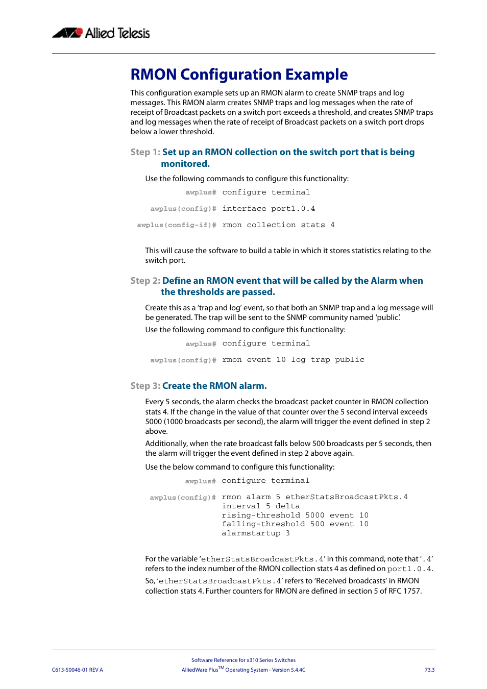 Rmon configuration example | Allied Telesis AlliedWare Plus Operating System Version 5.4.4C (x310-26FT,x310-26FP,x310-50FT,x310-50FP) User Manual | Page 1987 / 2220