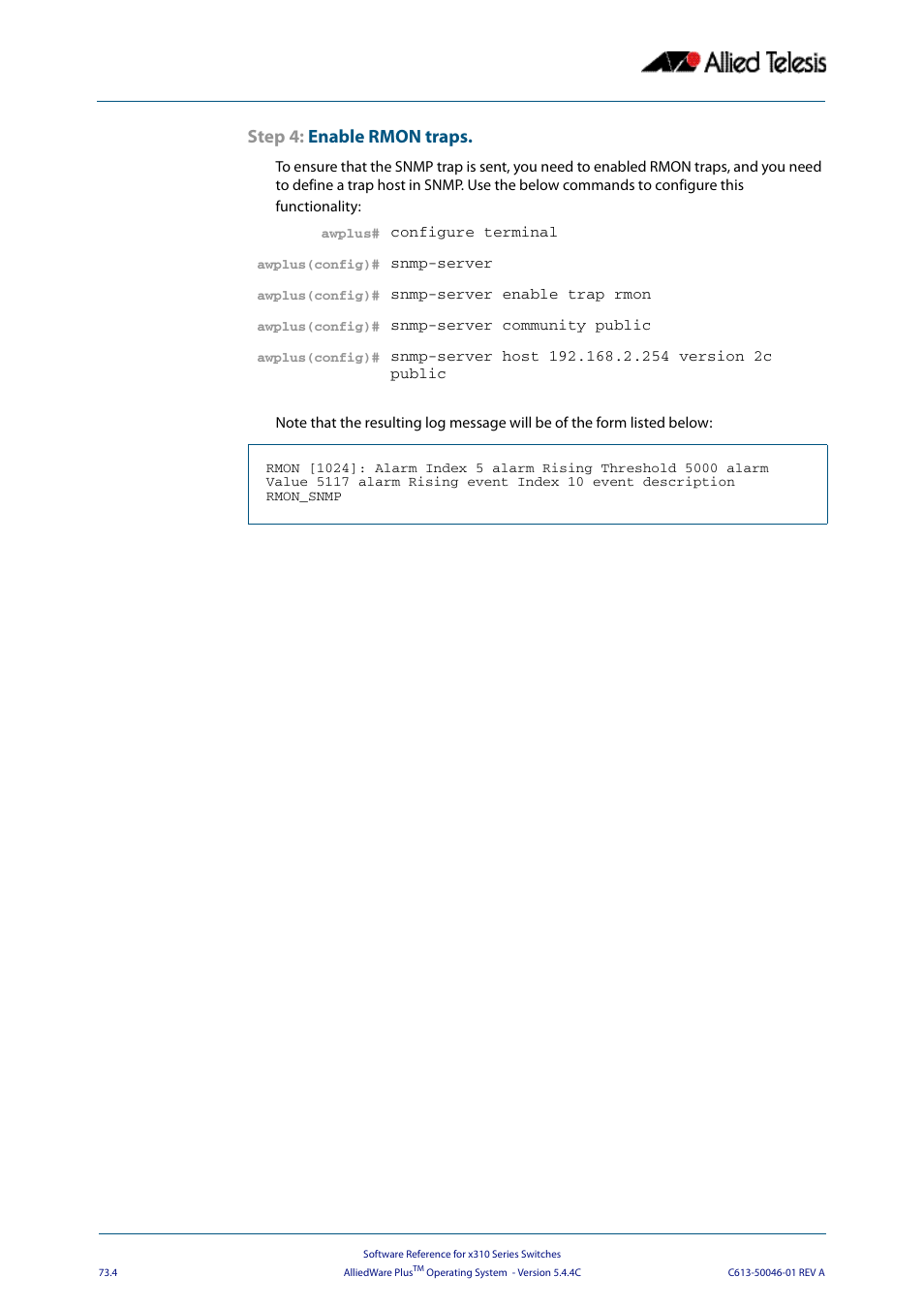 Step 4: enable rmon traps | Allied Telesis AlliedWare Plus Operating System Version 5.4.4C (x310-26FT,x310-26FP,x310-50FT,x310-50FP) User Manual | Page 1988 / 2220