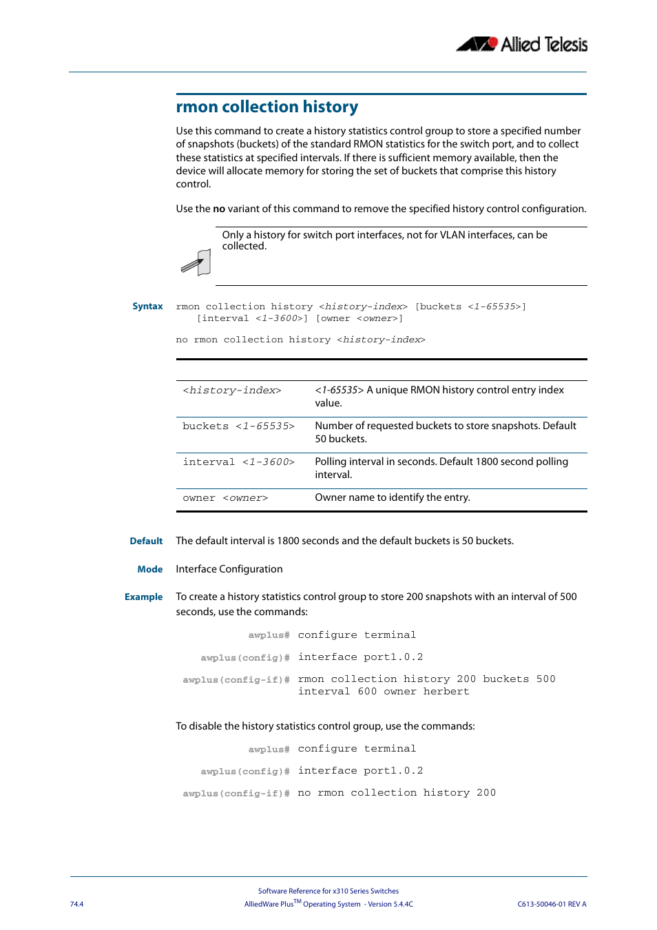 Rmon collection history | Allied Telesis AlliedWare Plus Operating System Version 5.4.4C (x310-26FT,x310-26FP,x310-50FT,x310-50FP) User Manual | Page 1992 / 2220