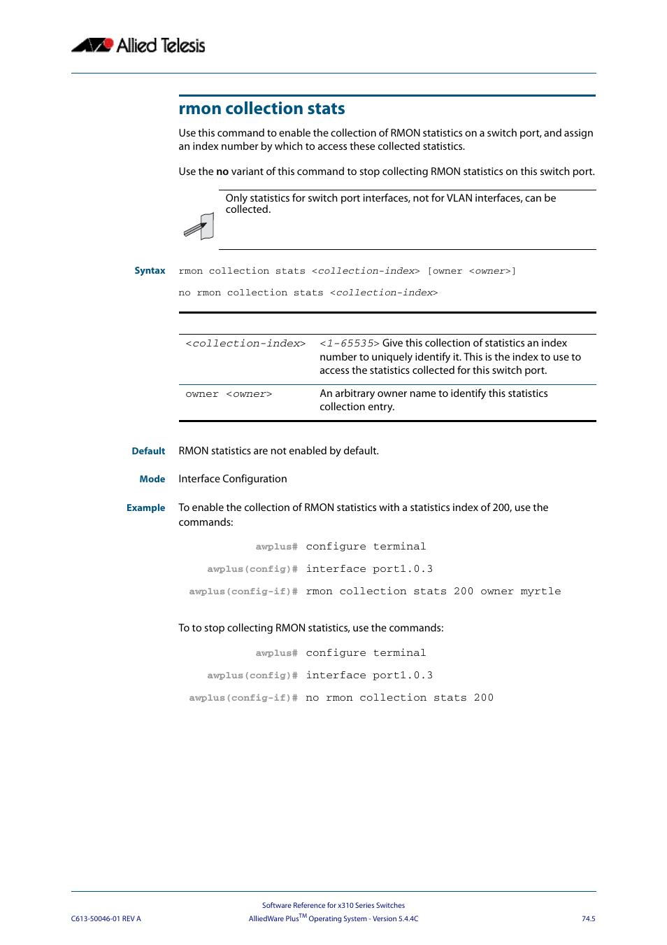 Rmon collection stats, In the, Rmon | Collection stats | Allied Telesis AlliedWare Plus Operating System Version 5.4.4C (x310-26FT,x310-26FP,x310-50FT,x310-50FP) User Manual | Page 1993 / 2220