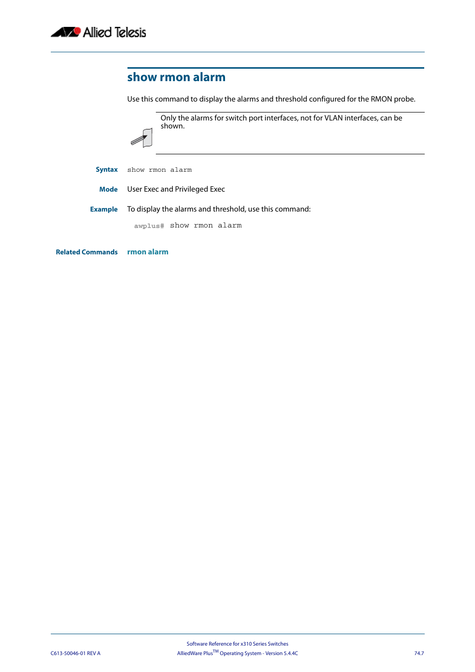 Show rmon alarm | Allied Telesis AlliedWare Plus Operating System Version 5.4.4C (x310-26FT,x310-26FP,x310-50FT,x310-50FP) User Manual | Page 1995 / 2220