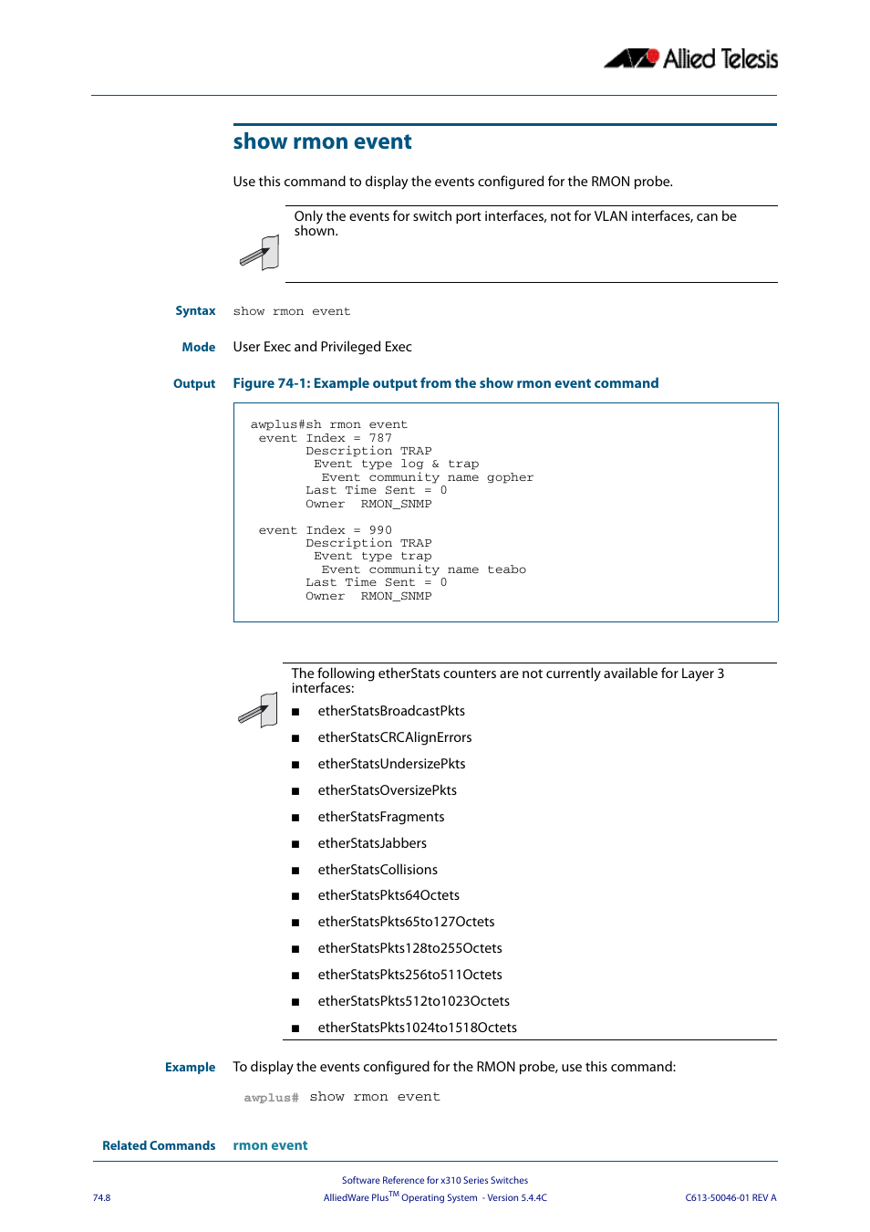 Show rmon event | Allied Telesis AlliedWare Plus Operating System Version 5.4.4C (x310-26FT,x310-26FP,x310-50FT,x310-50FP) User Manual | Page 1996 / 2220