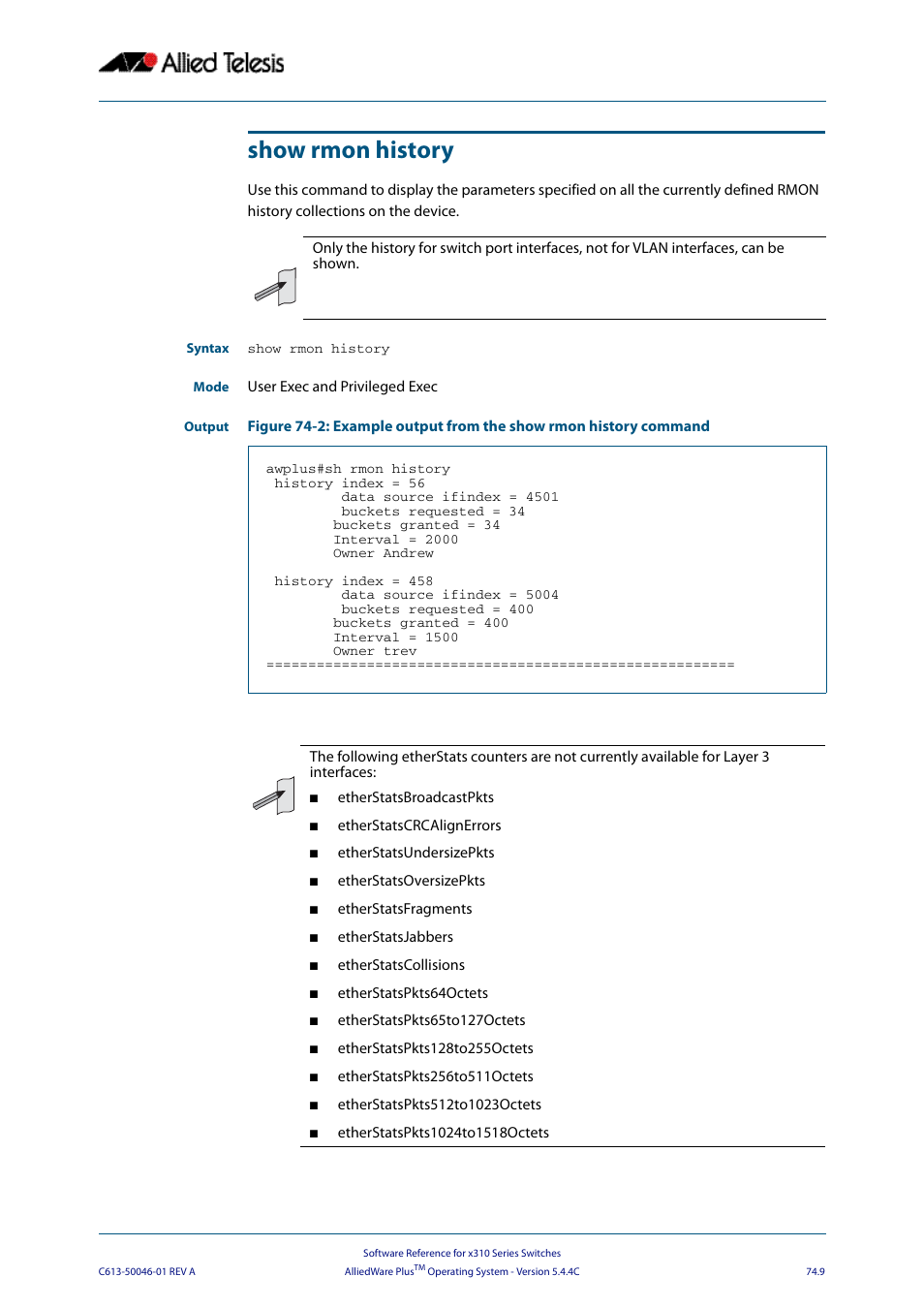Show rmon history | Allied Telesis AlliedWare Plus Operating System Version 5.4.4C (x310-26FT,x310-26FP,x310-50FT,x310-50FP) User Manual | Page 1997 / 2220