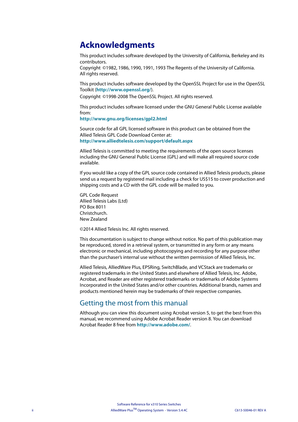 Acknowledgments, Getting the most from this manual | Allied Telesis AlliedWare Plus Operating System Version 5.4.4C (x310-26FT,x310-26FP,x310-50FT,x310-50FP) User Manual | Page 2 / 2220