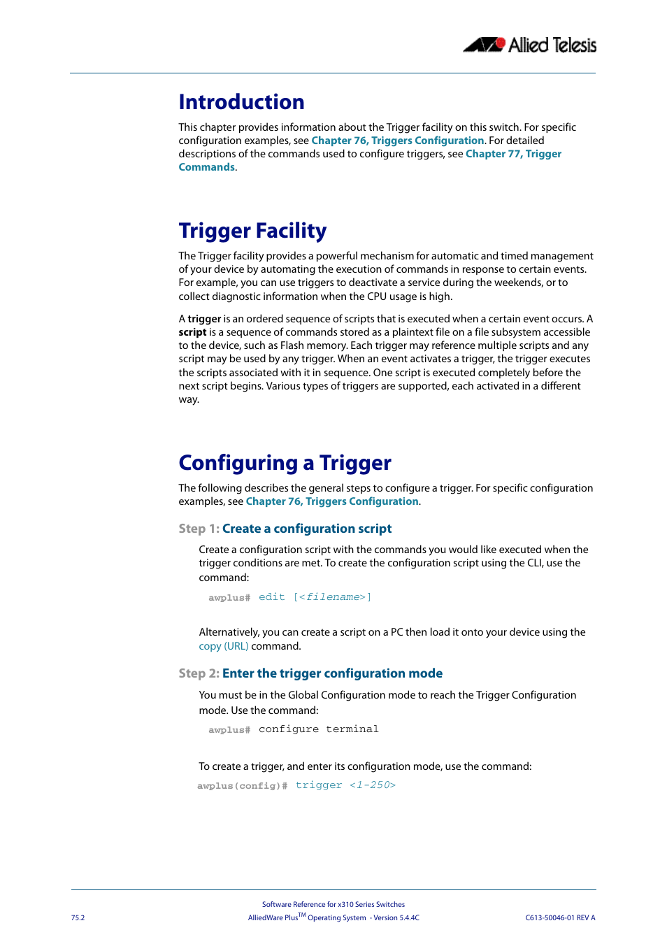 Introduction, Trigger facility, Configuring a trigger | Allied Telesis AlliedWare Plus Operating System Version 5.4.4C (x310-26FT,x310-26FP,x310-50FT,x310-50FP) User Manual | Page 2002 / 2220
