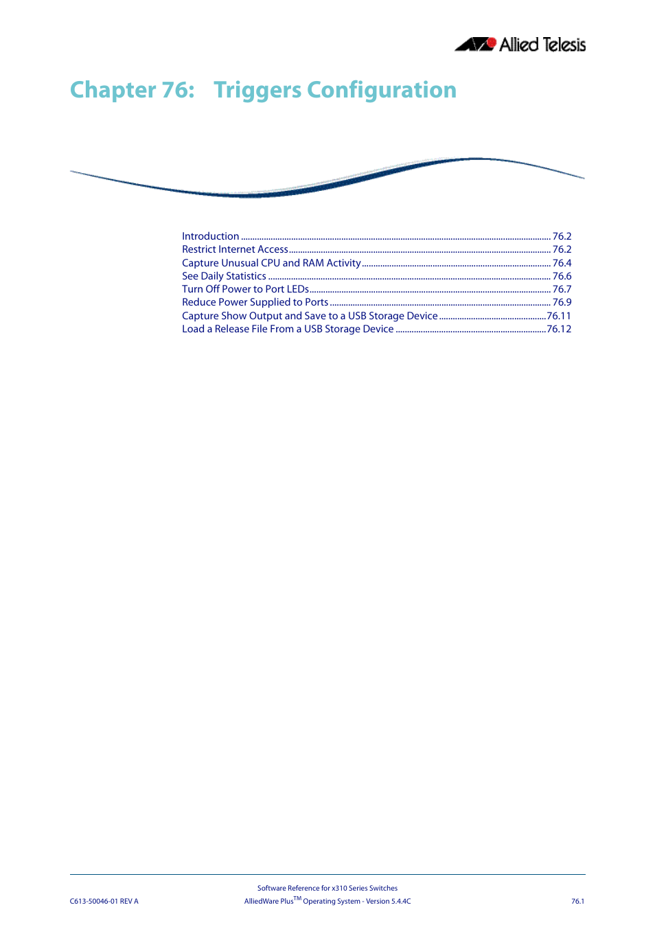 Chapter 76: triggers configuration, Chapter 76, Triggers configuration | Chapter 76 triggers configuration, Chapter 76, triggers configuration | Allied Telesis AlliedWare Plus Operating System Version 5.4.4C (x310-26FT,x310-26FP,x310-50FT,x310-50FP) User Manual | Page 2007 / 2220