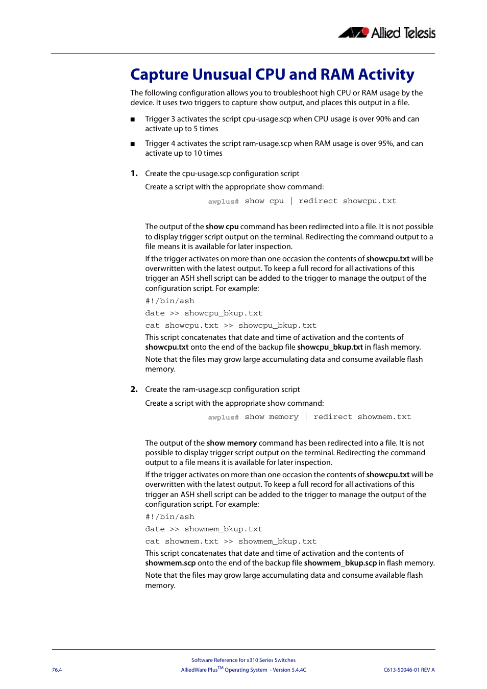 Capture unusual cpu and ram activity | Allied Telesis AlliedWare Plus Operating System Version 5.4.4C (x310-26FT,x310-26FP,x310-50FT,x310-50FP) User Manual | Page 2010 / 2220